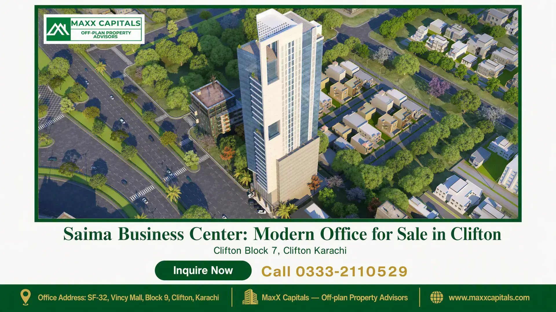 Saima Business Center: Modern Office for Sale in Clifton Saima Business Center high-rise building surrounded by green spaces and residential areas in Clifton, Karachi.