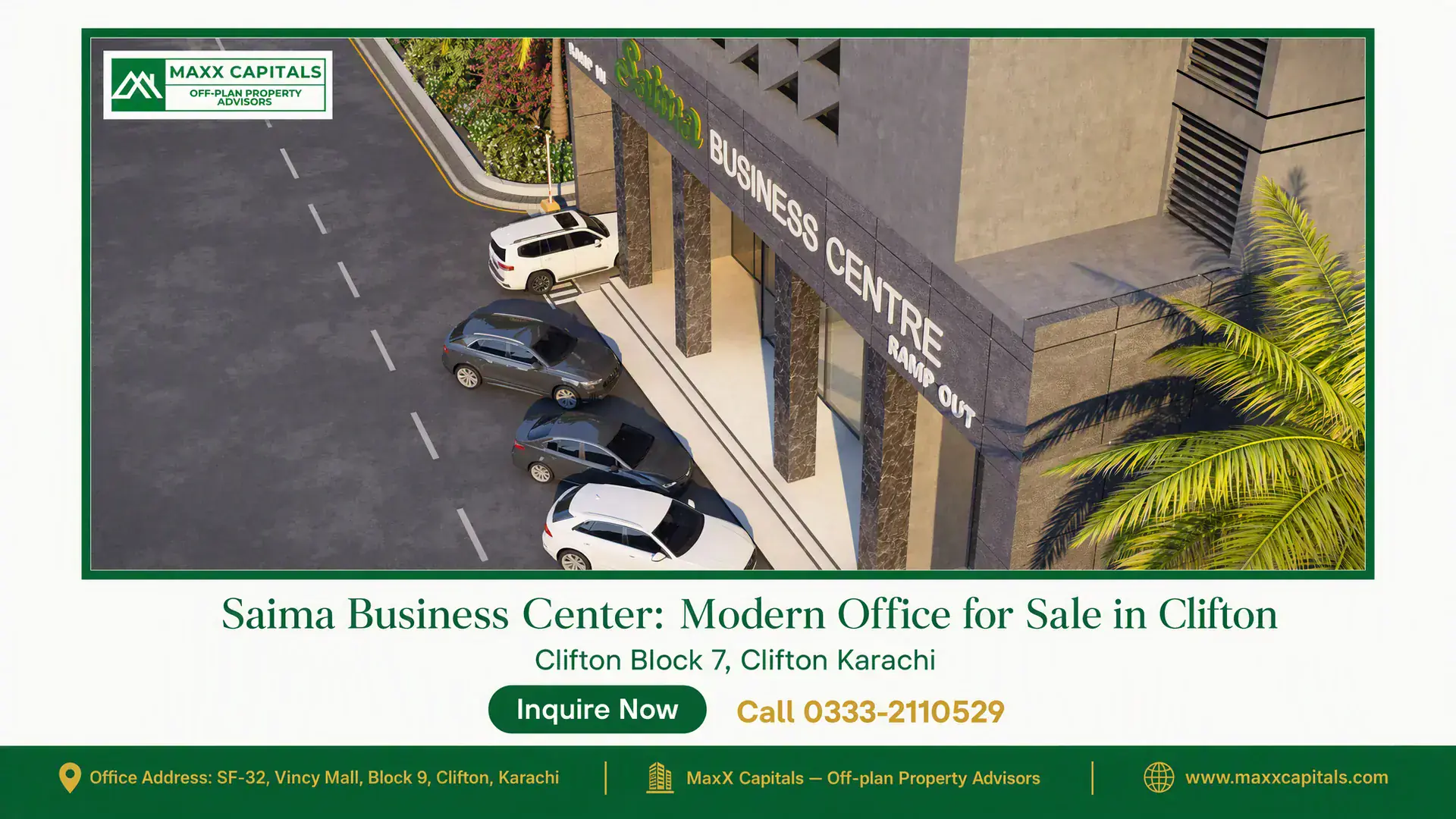 Saima Business Center: Modern Office for Sale in Clifton Facade of Saima Business Center in Clifton showing modern architecture, parking area, and entrance with palm landscaping.