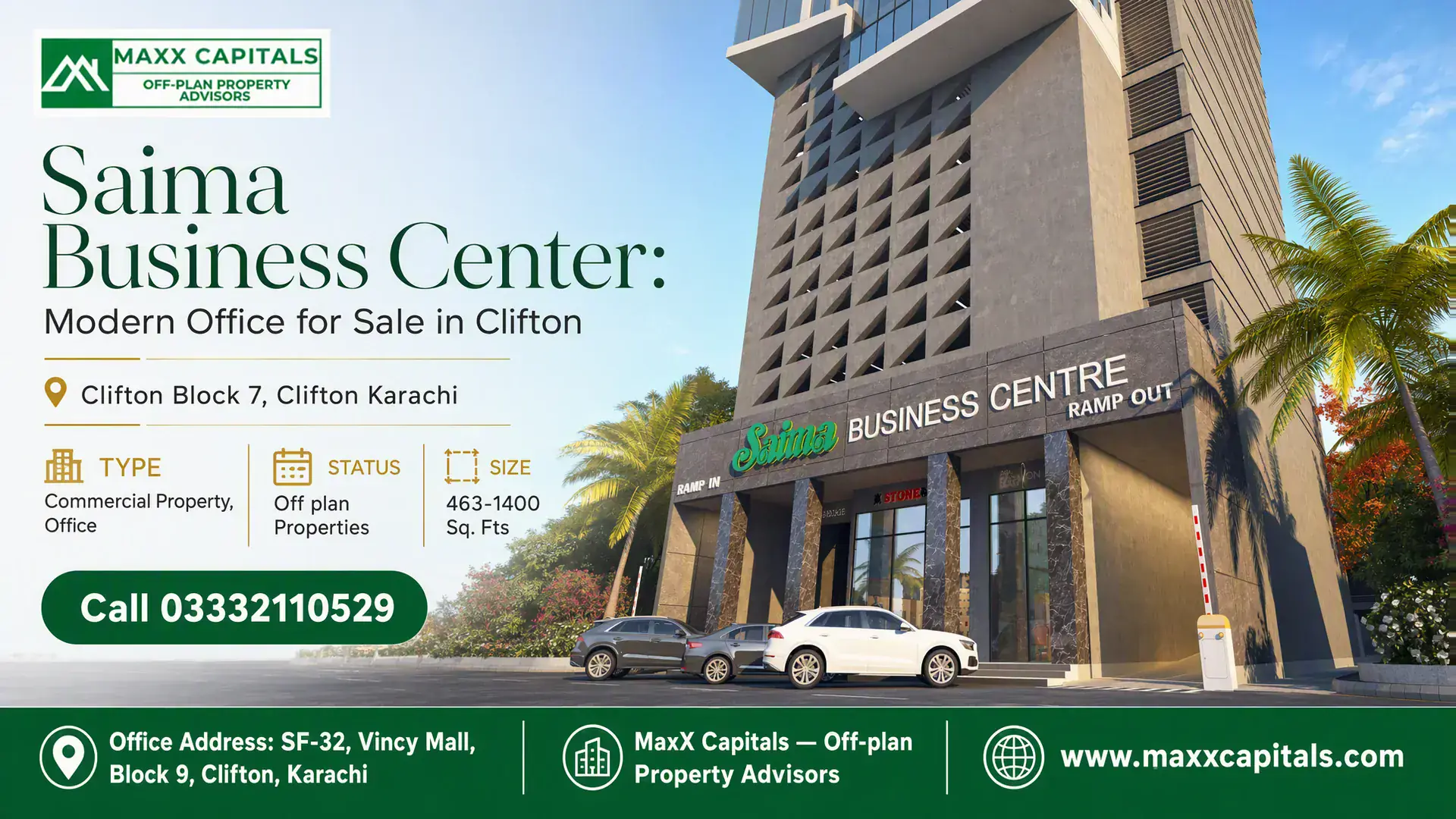 Saima Business Center: Modern Office for Sale in Clifton Saima Business Center in Clifton, featuring a modern high-rise design, large glass windows, and ample parking space.