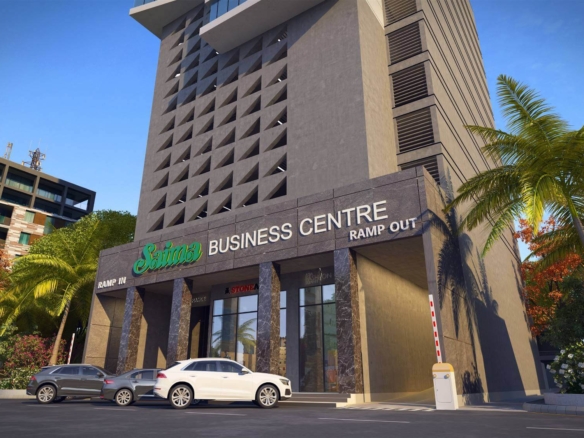 Saima Business Center Modern Office Building In Clifton With Grid Facade, Glass Entrance, Parked Cars And Palm Trees