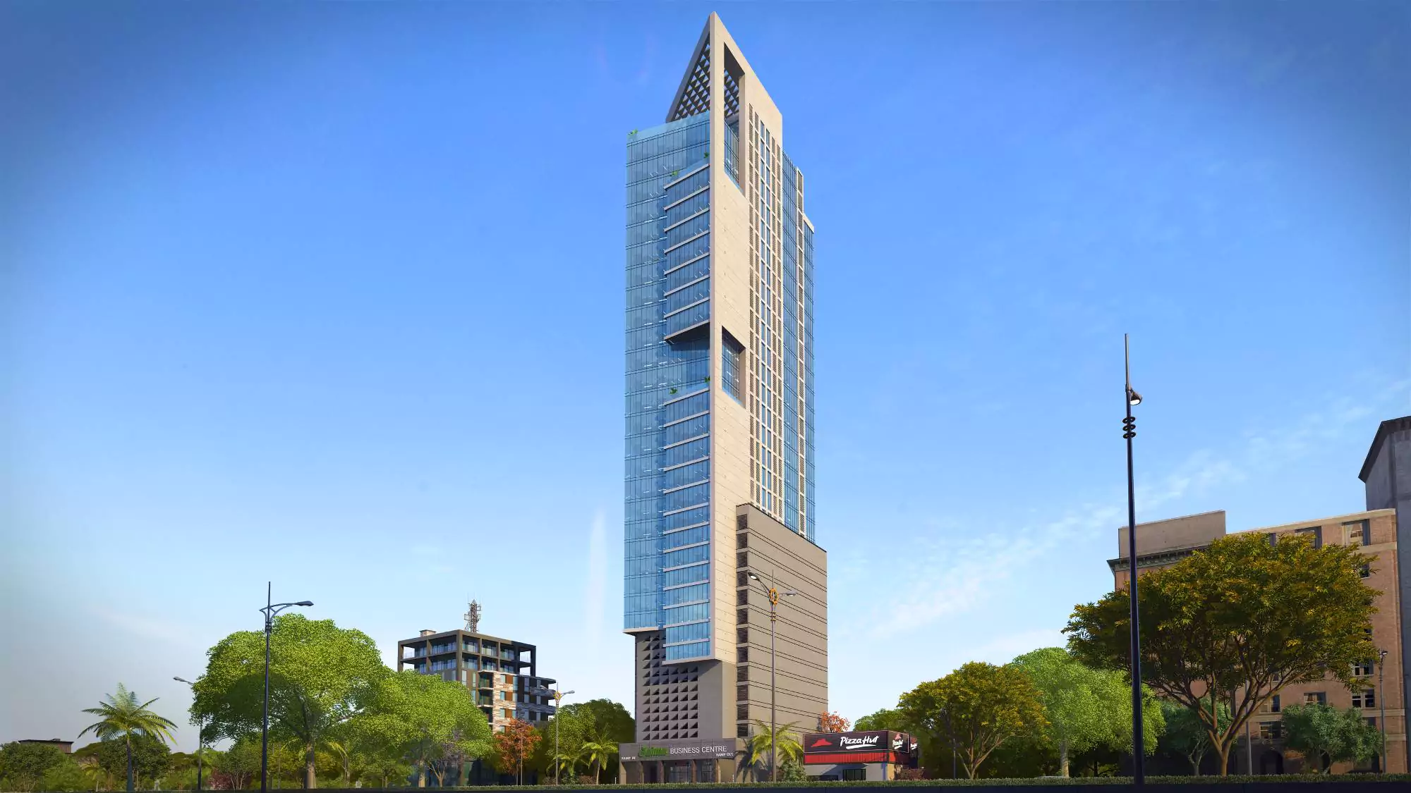 Saima Business Center Office Spaces for Sale in Clifton Block 7 Clifton Karachi (1) Modern office tower of Saima Business Center in Clifton with glass facade, pointed apex, trees and surrounding buildings