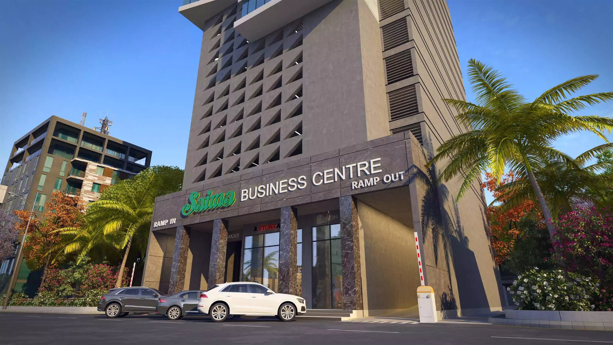 Saima Business Center Office Spaces for Sale in Clifton Block 7 Clifton Karachi (2) Modern multi-story facade of Saima Business Center in Clifton with green signage, palm trees, and parked cars at entrance