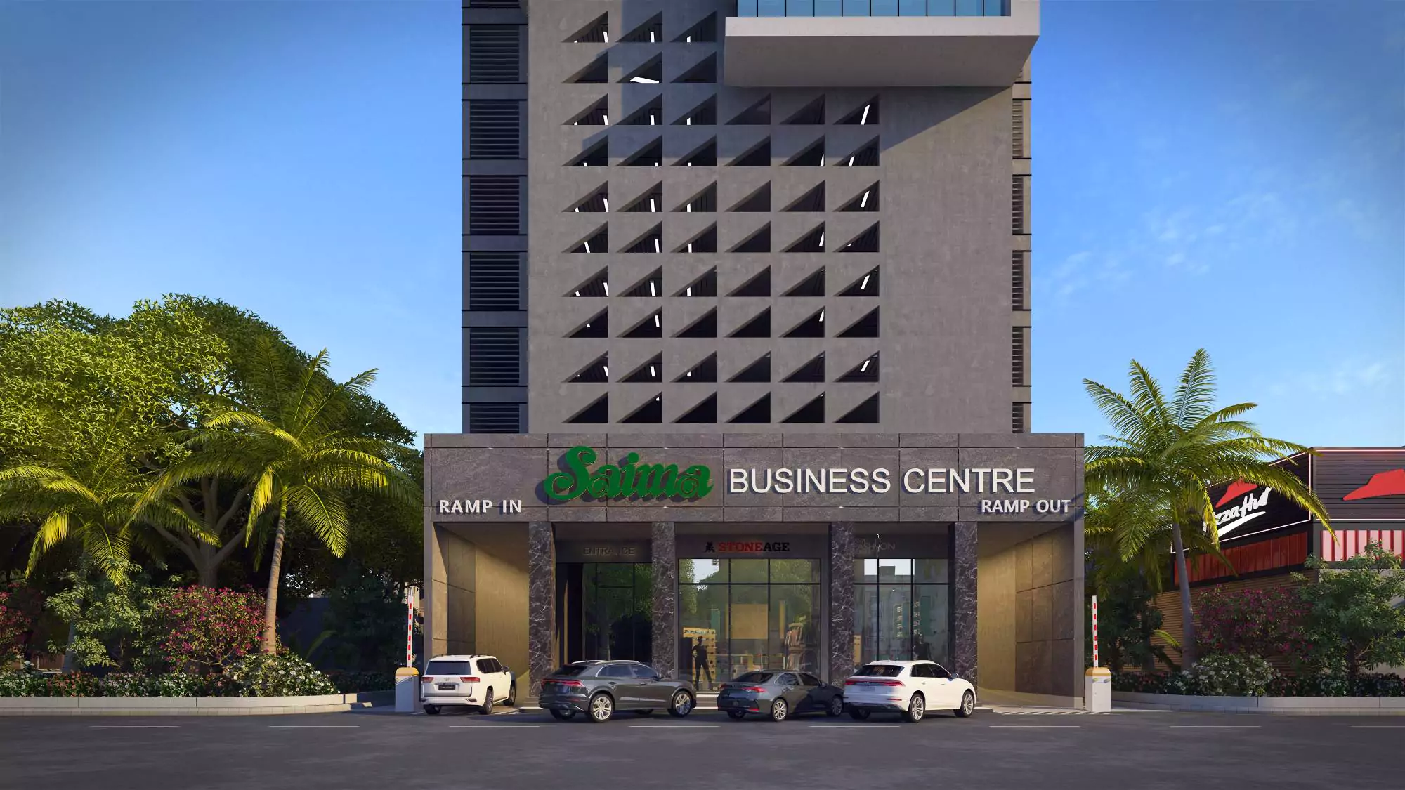 Saima Business Center Office Spaces for Sale in Clifton Block 7 Clifton Karachi (3) Modern multi-story Saima Business Center facade in Clifton with geometric lattice design, palm trees, glass entrance, and par
