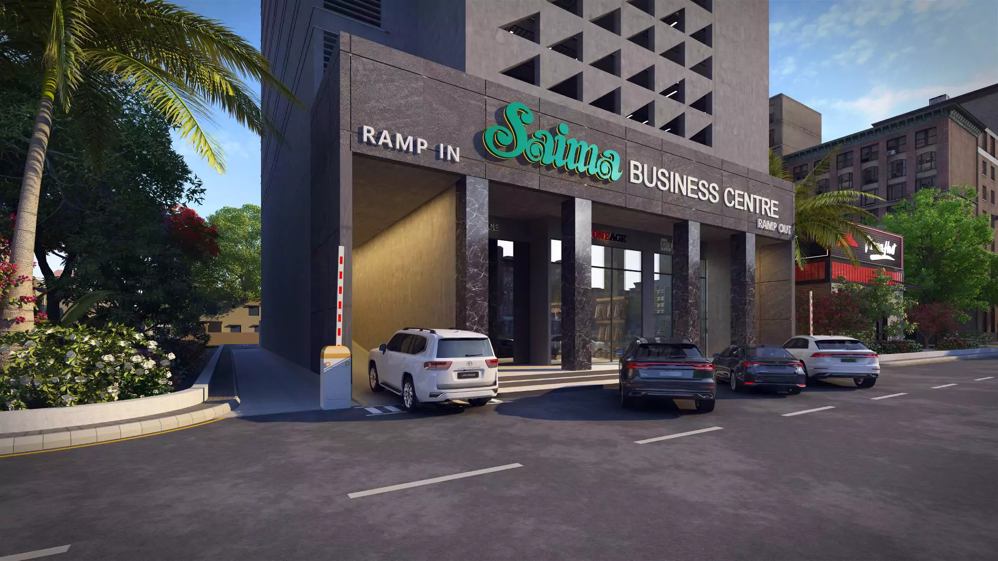 Saima Business Center Office Spaces for Sale in Clifton Block 7 Clifton Karachi (4) Saima Business Center modern facade in Clifton with ramp entrance, green signage, glass doors, parked SUVs, palm trees