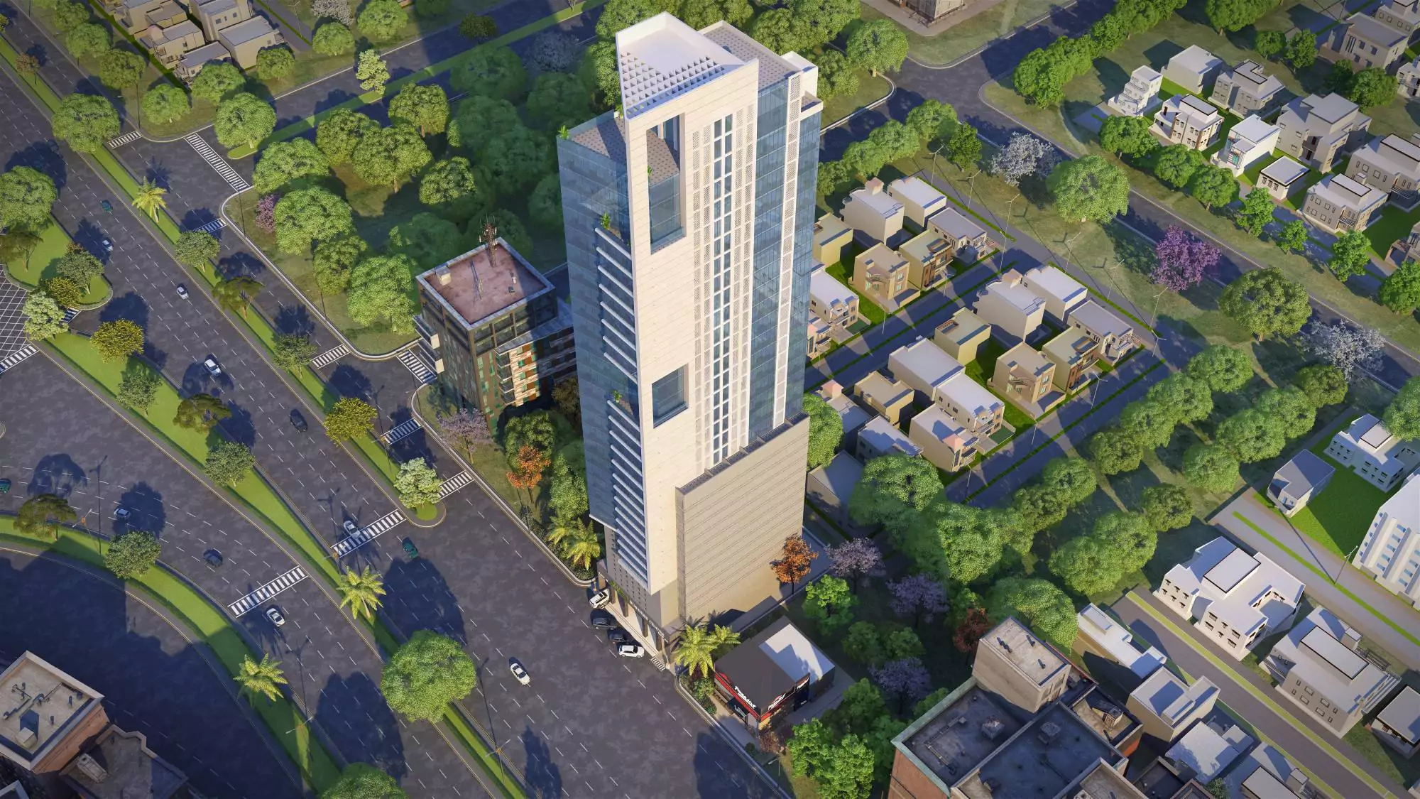 Saima Business Center Office Spaces for Sale in Clifton Block 7 Clifton Karachi (6) Aerial view of Saima Business Center modern office tower in Clifton with white glass facade, surrounded by trees and roads