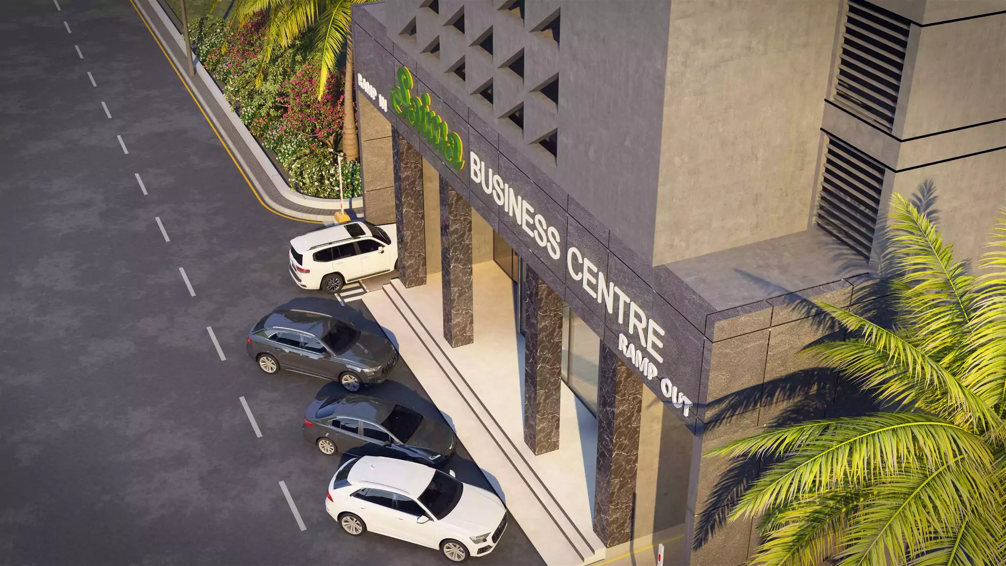 Saima Business Center Office Spaces for Sale in Clifton Block 7 Clifton Karachi (7) Modern exterior of Saima Business Center in Clifton with glass facade, entrance pillars, parked cars, and palm trees