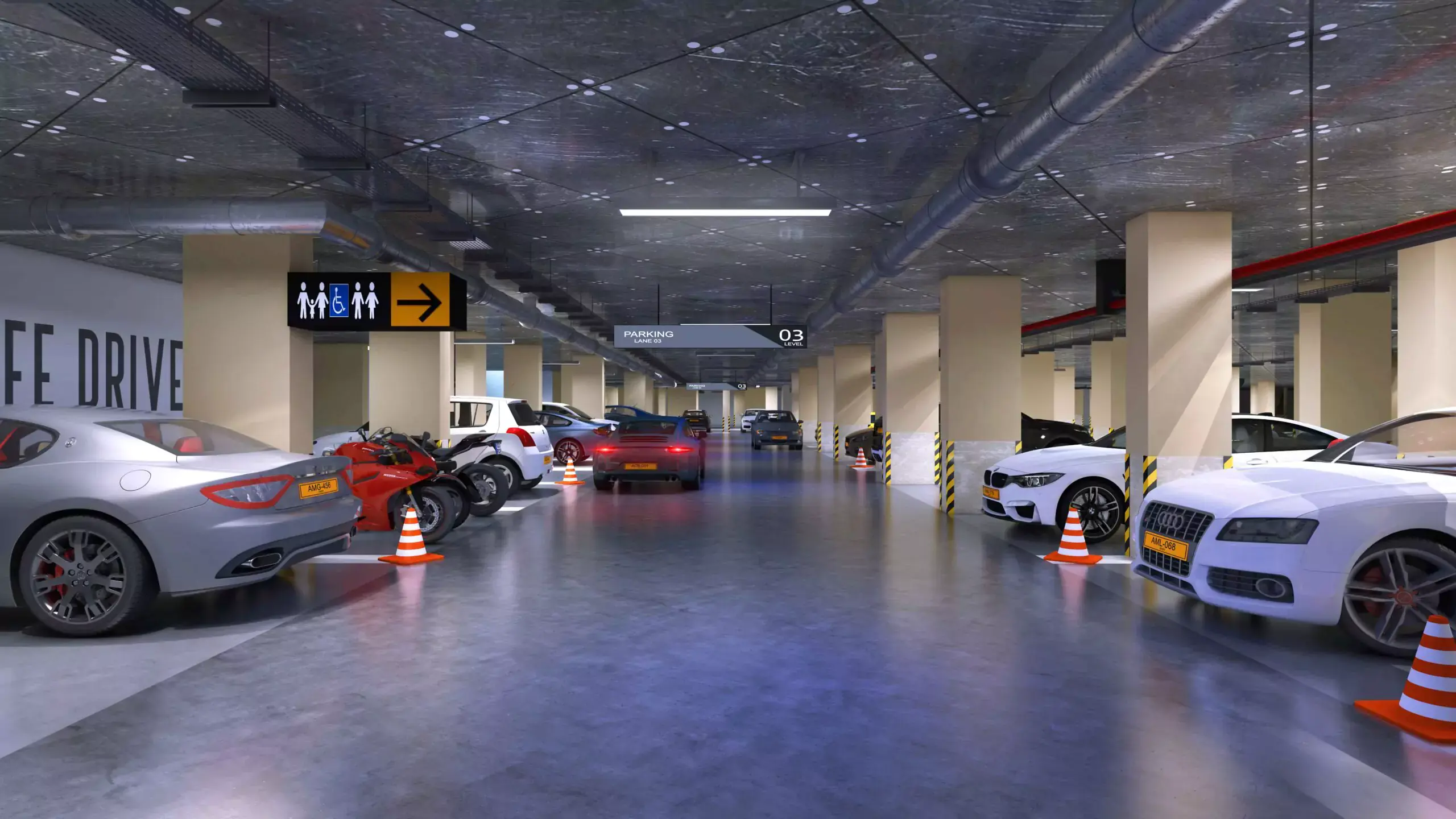 Victoria Residency: 2-4 Bed Apartments For Sale in Karachi Spacious underground parking garage at Victoria Residency in Karachi with luxury cars, safety cones and signage