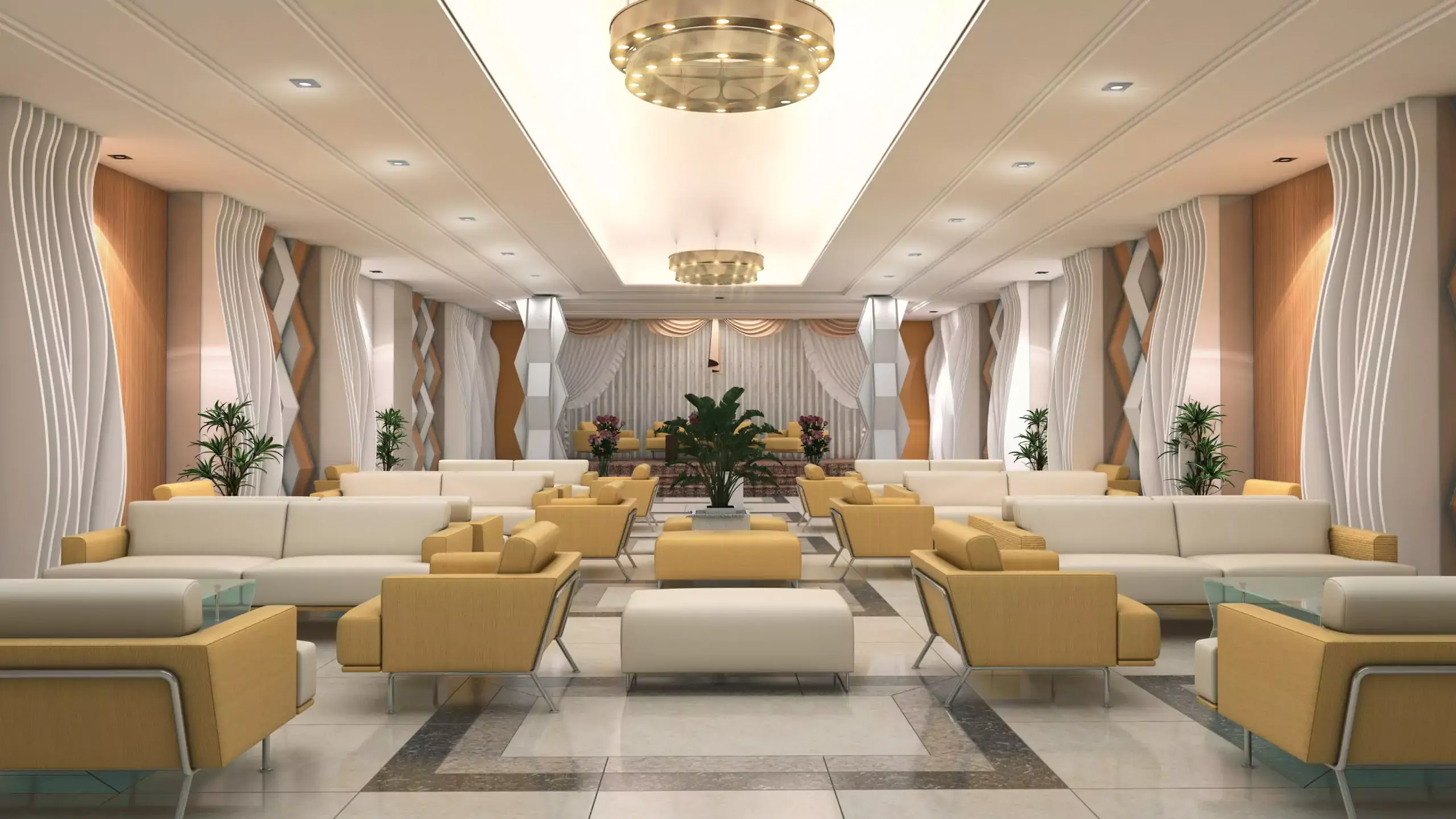 Victoria Residency: 2-4 Bed Apartments For Sale in Karachi Spacious lobby at Victoria Residency in Karachi with beige and orange sofas, chandelier, plants, and wavy wall panels
