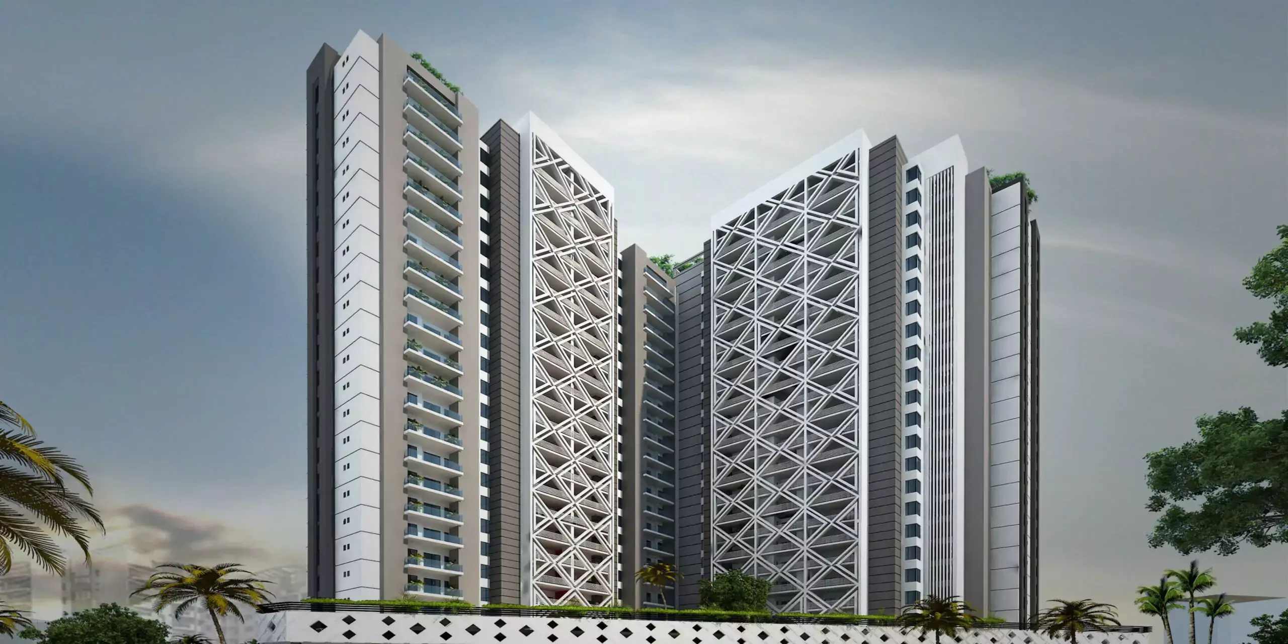 Victoria Residency: 2-4 Bed Apartments For Sale in Karachi Modern multi-tower facade of Victoria Residency apartments in Karachi with lattice patterns, balconies, and palm trees