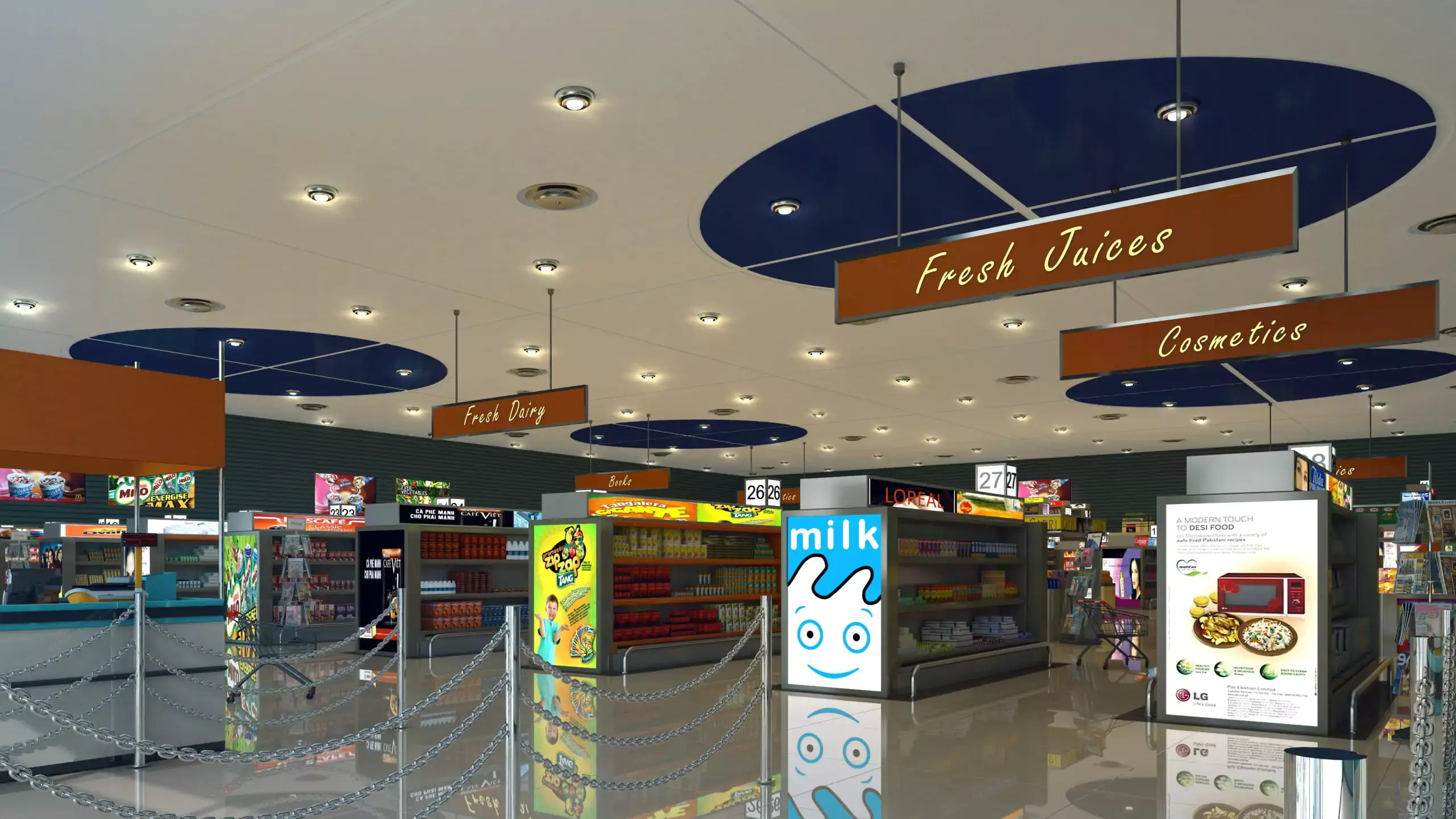 Victoria Residency: 2-4 Bed Apartments For Sale in Karachi Modern supermarket interior at Victoria Residency in Karachi with fresh juices, cosmetics, grocery shelves, milk displays, an