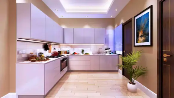 Modern kitchen in Victoria Residency apartments Karachi with glossy purple cabinets wooden flooring beige walls sink oven and