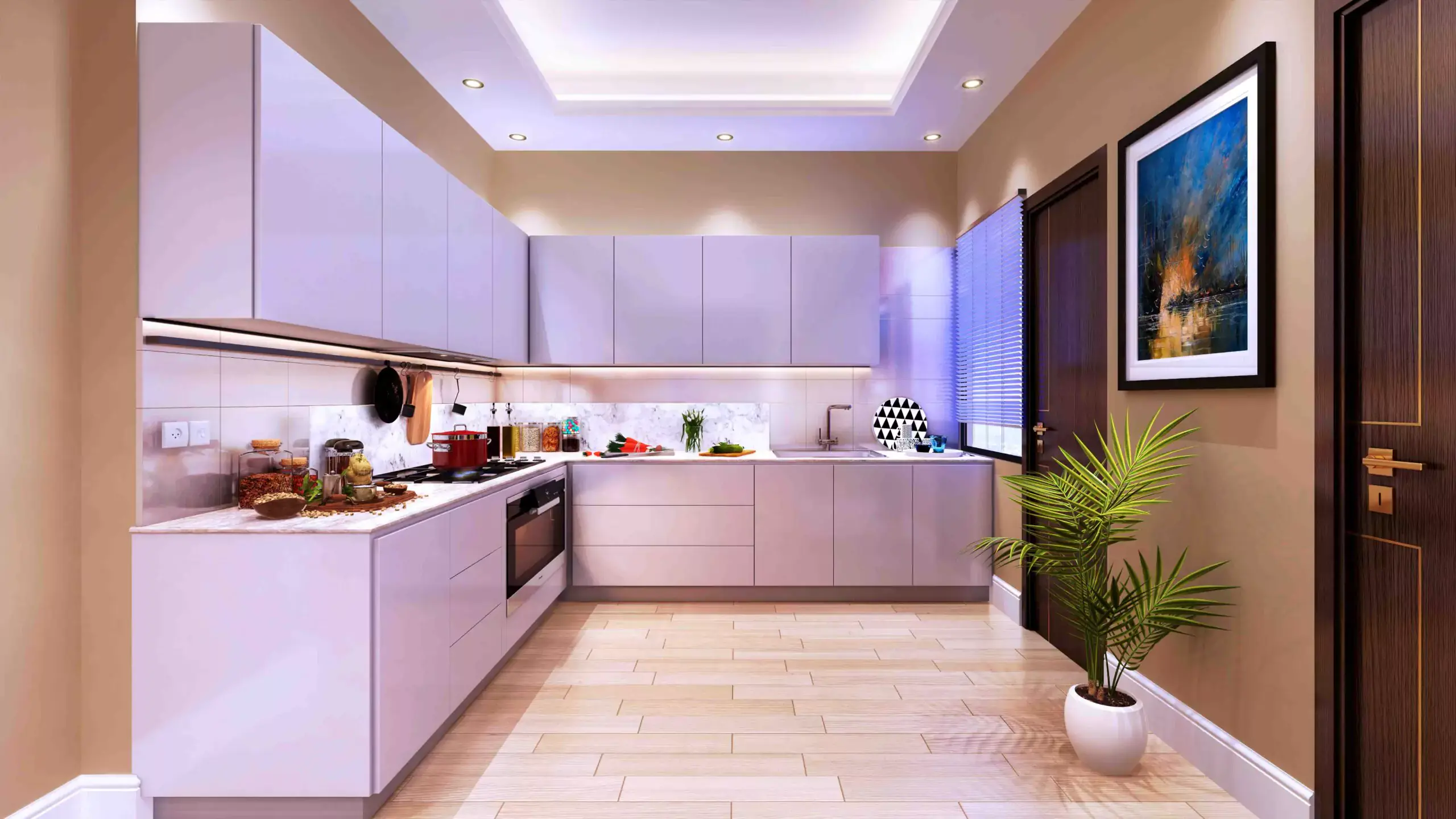 Victoria Residency: 2-4 Bed Apartments For Sale in Karachi Modern kitchen in Victoria Residency apartments Karachi with glossy purple cabinets wooden flooring beige walls sink oven and