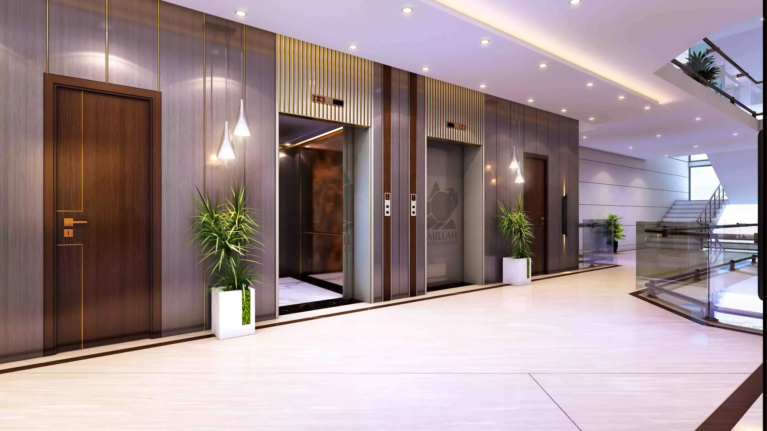 Victoria Residency: 2-4 Bed Apartments For Sale in Karachi Elegant elevator lobby in Victoria Residency apartments Karachi with modern elevators wooden doors potted plants and ambient