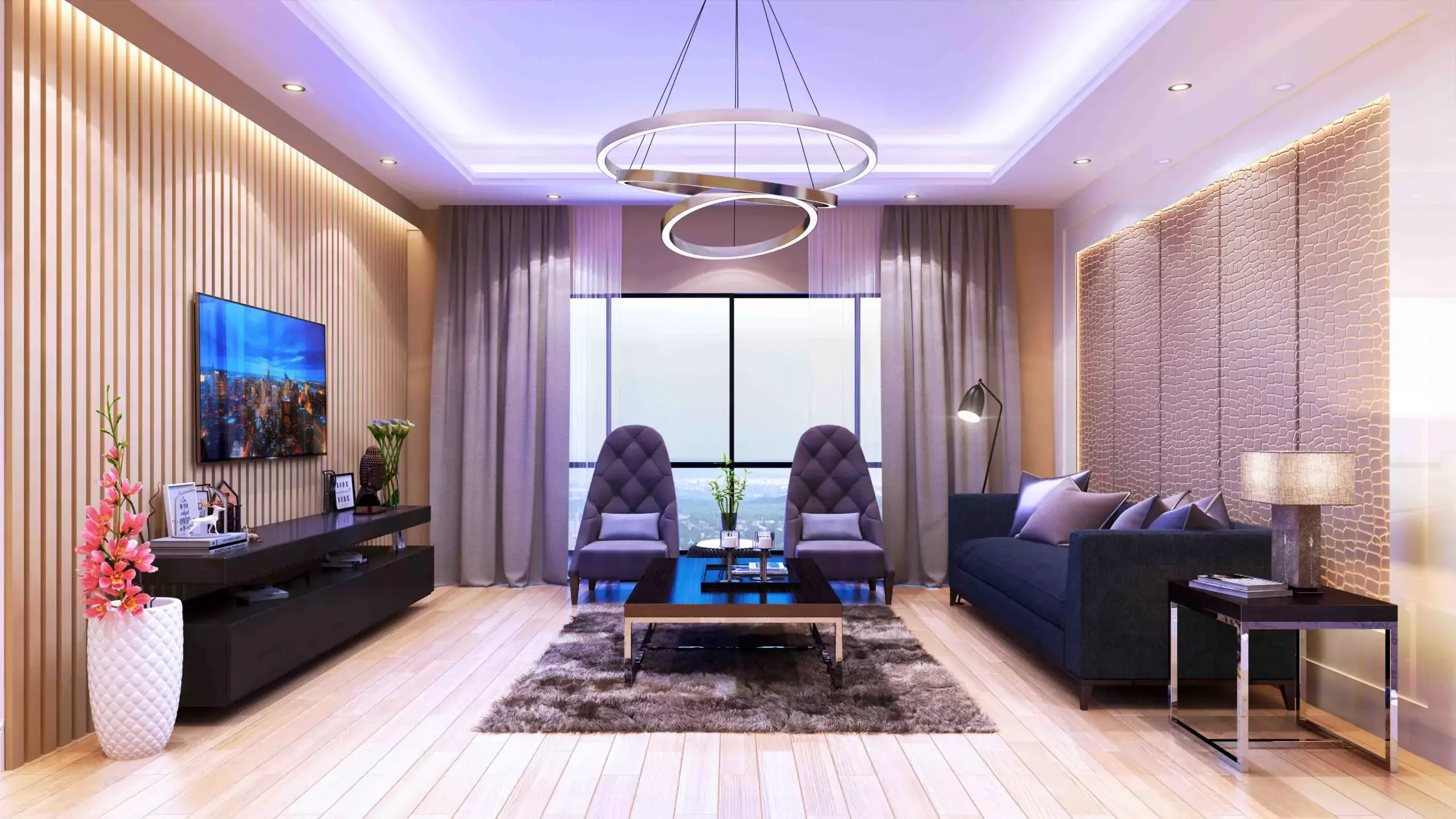Victoria Residency: 2-4 Bed Apartments For Sale in Karachi Spacious modern living room in Victoria Residency apartment Karachi with navy sofa accent chairs chandelier large window TV w