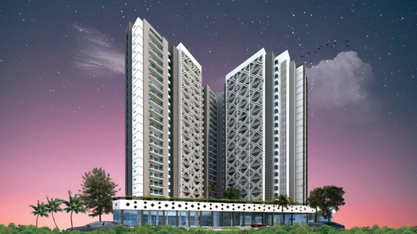 Modern Multi-Tower Apartments At Victoria Residency In Karachi, White Lattice Facades, Palm Trees, Purple Dusk Sky