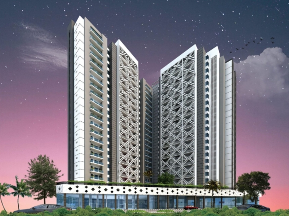 Modern Multi-Tower Apartments At Victoria Residency In Karachi, White Lattice Facades, Palm Trees, Purple Dusk Sky