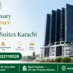 Elegant Office Building With Glass Facade At Emarah Suites Karachi, Showcasing Modern Architectural Design.