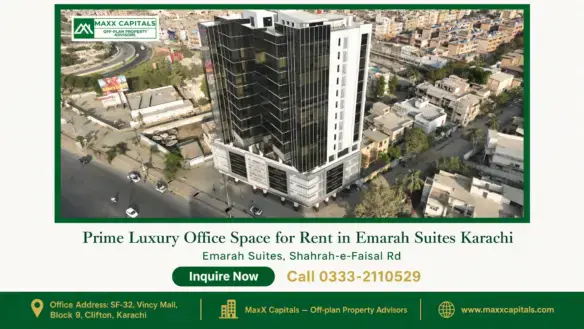 Aerial view of Emarah Suites Karachi on Shahrah-e-Faisal Rd, a modern high-rise with reflective glass facade and a vibrant ur