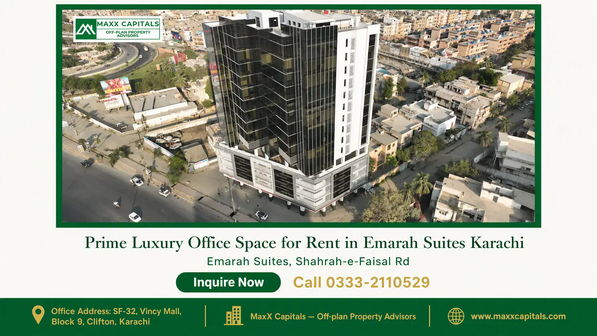 Prime Luxury Office Space for Rent in Emarah Suites Karachi Aerial view of Emarah Suites Karachi on Shahrah-e-Faisal Rd, a modern high-rise with reflective glass facade and a vibrant ur