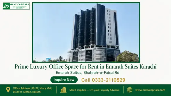 Modern high-rise building with glass panels and elegant design located in Emarah Suites, Karachi, surrounded by greenery.
