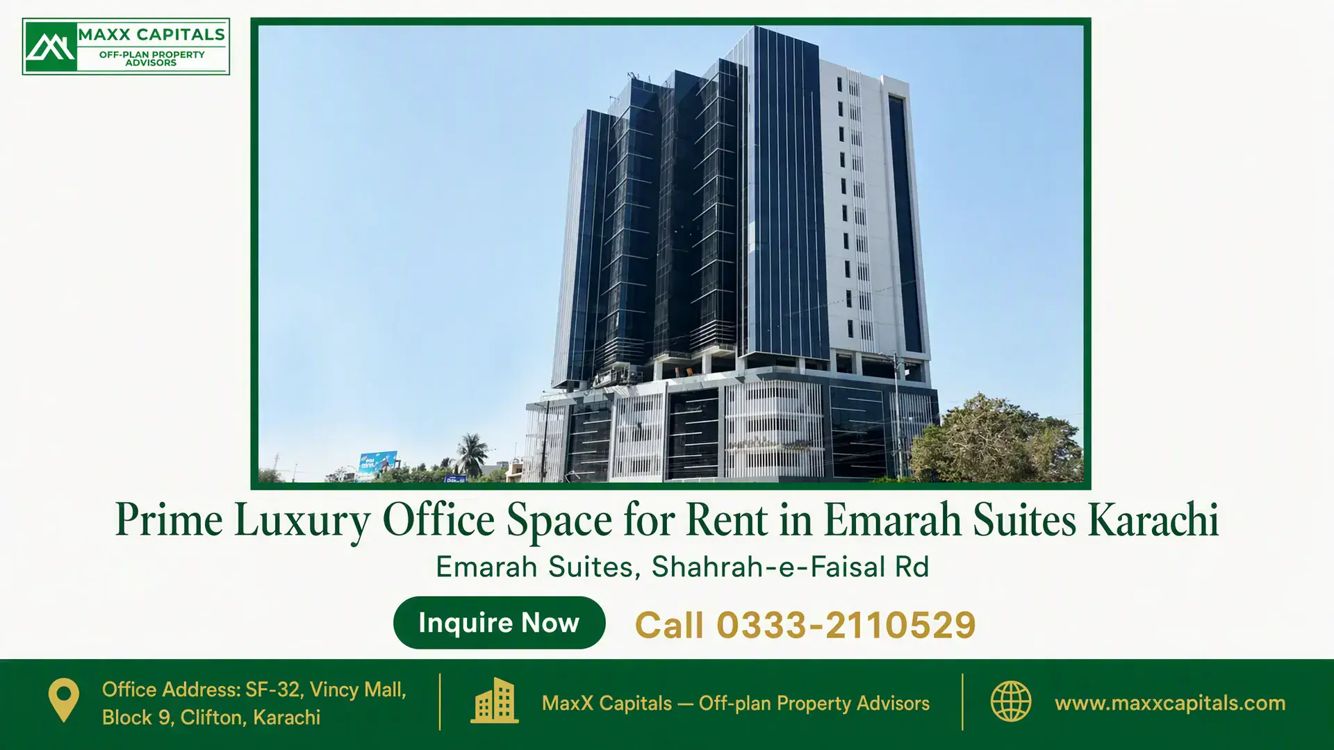 Prime Luxury Office Space for Rent in Emarah Suites Karachi Modern high-rise building with glass panels and elegant design located in Emarah Suites, Karachi, surrounded by greenery.