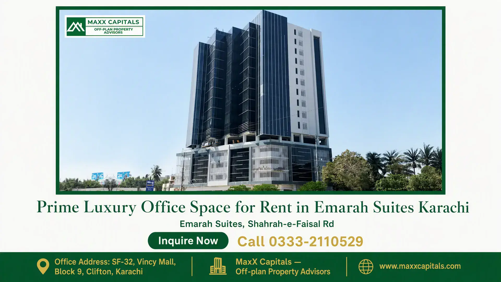 Prime Luxury Office Space for Rent in Emarah Suites Karachi Modern high-rise structure of Emarah Suites in Karachi featuring sleek glass facades and contemporary architecture.