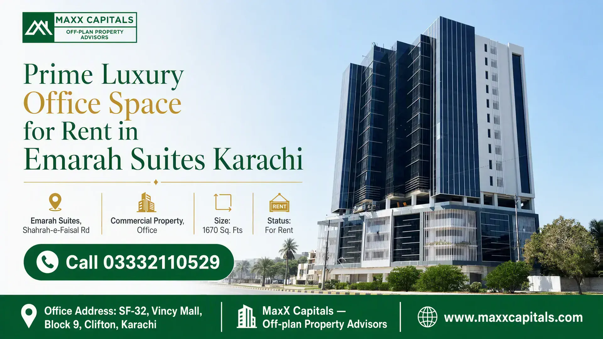 Prime Luxury Office Space for Rent in Emarah Suites Karachi Elegant office building with glass facade at Emarah Suites Karachi, showcasing modern architectural design.