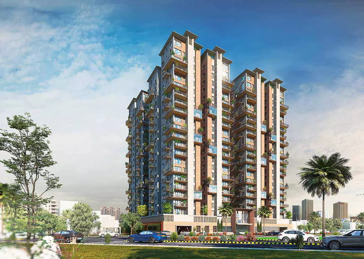 Titan One Luxury Flats Duplex Apartments & Penthouses For Sale In Callachi Co-Operative Housing Society Karachi (1) MaxX Capitals luxury Karachi flats and duplex tower exterior with balconies and landscaped frontage