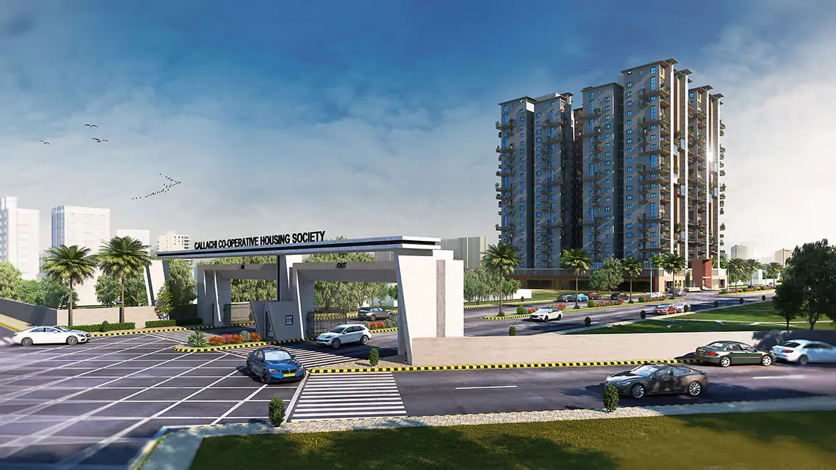 Titan One Luxury Flats Duplex Apartments & Penthouses For Sale In Callachi Co-Operative Housing Society Karachi (2) MaxX Capitals view of Titan One luxury flats and duplex towers at Gulshan Cooperative Housing Society Karachi entrance