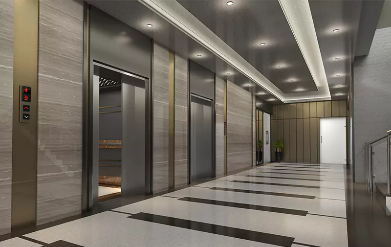 Titan One Luxury Flats Duplex Apartments & Penthouses For Sale In Callachi Co-Operative Housing Society Karachi (3) MaxX Capitals luxury apartment lobby with elevator doors, marble walls, and striped flooring in Karachi