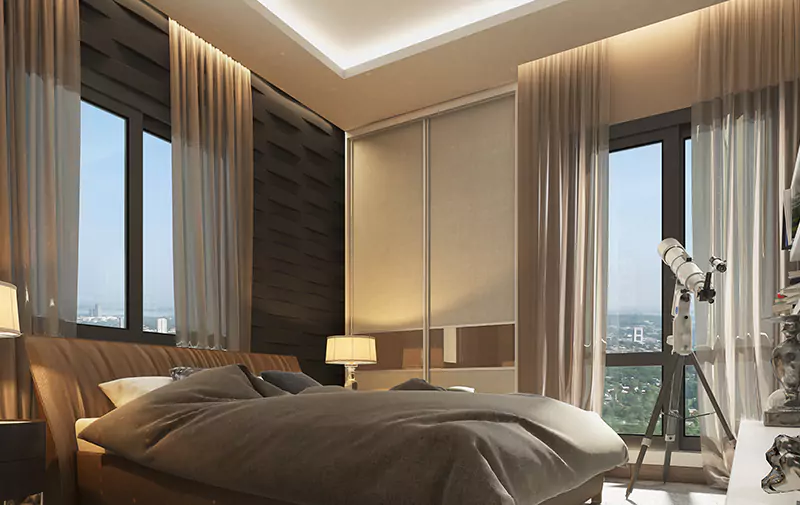 Titan One Luxury Flats Duplex Apartments & Penthouses For Sale In Callachi Co-Operative Housing Society Karachi (5) MaxX Capitals luxury flat bedroom in Karachi with large windows, curtains, and modern city-view interior