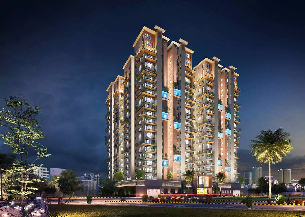 Titan One Luxury Flats Duplex Apartments & Penthouses For Sale In Callachi Co-Operative Housing Society Karachi (7) Titan One Karachi luxury flats and duplex tower exterior at night, MaxX Capitals