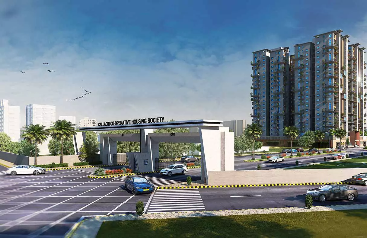 Titan One Luxury Flats Duplex Apartments & Penthouses For Sale In Callachi Co-Operative Housing Society Karachi (8) MaxX Capitals render of Titan One luxury flats and duplex towers at Callach Co-Operative Housing Society, Karachi