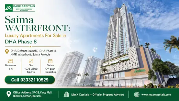 Saima Waterfront Tower Featuring Modern Architecture With Multiple Balconies, Surrounded By Palm Trees In Dha Phase 8.
