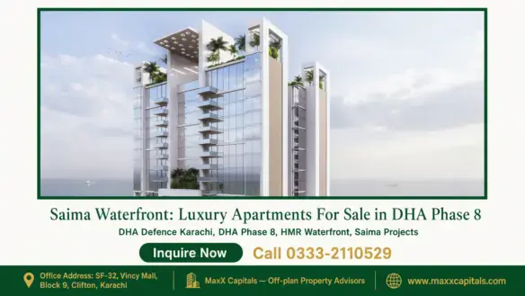 Modern glass exterior of Saima Waterfront luxury apartments in Karachi with ocean views and rooftop greenery.