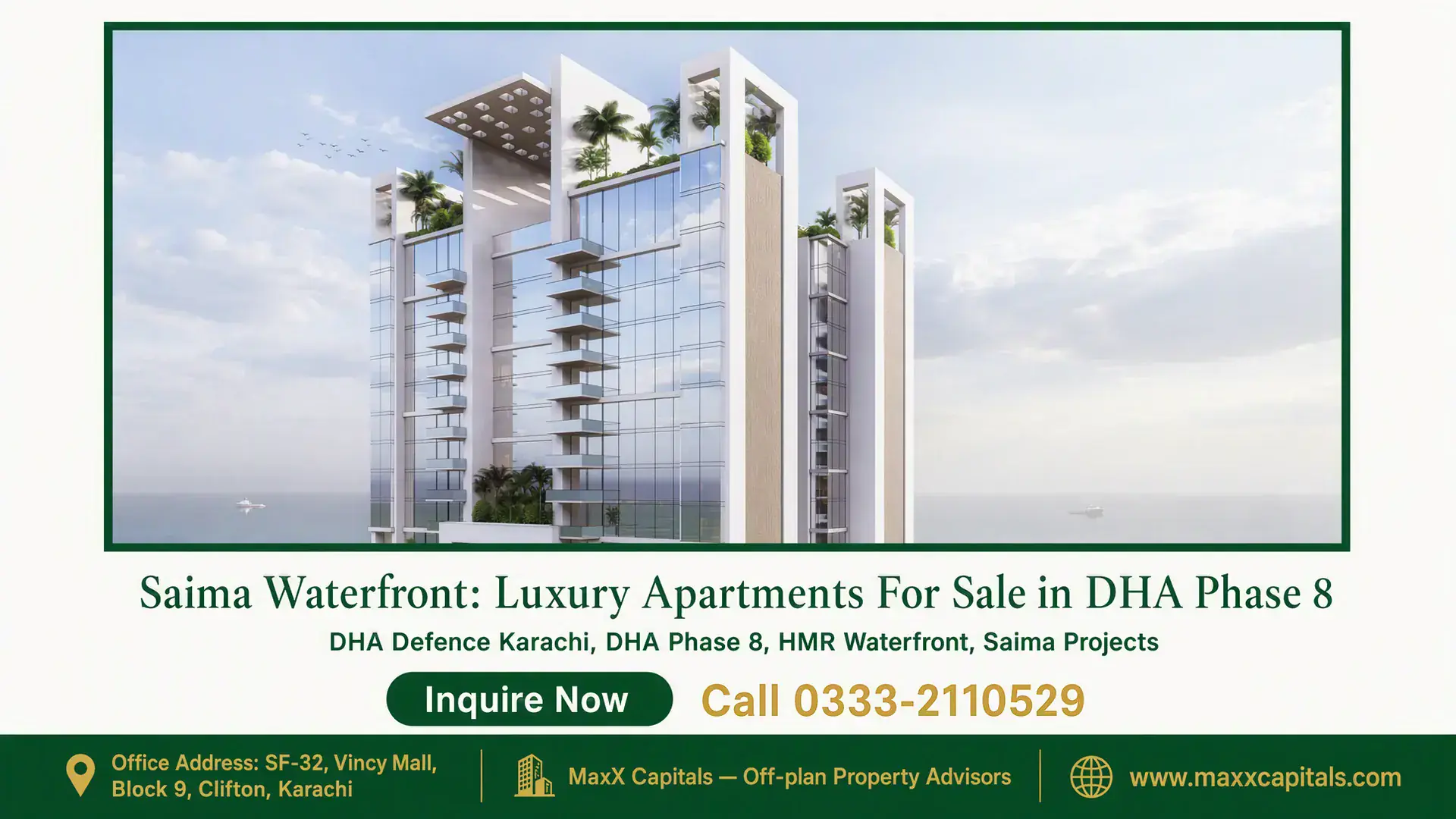 Saima Waterfront: Luxury Apartments For Sale in DHA Phase 8 Modern glass exterior of Saima Waterfront luxury apartments in Karachi with ocean views and rooftop greenery.