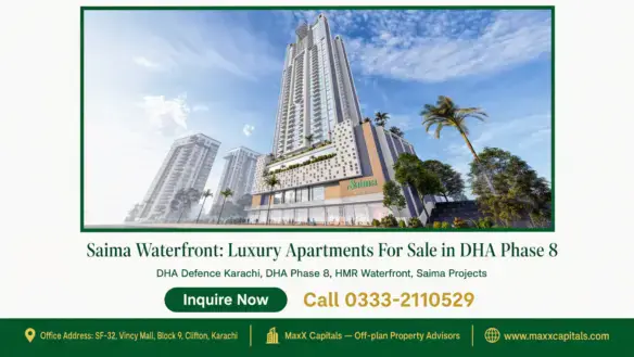 Saima Waterfront high-rise luxury apartment tower in DHA Phase 8 with a landscaped entrance and modern architectural design.