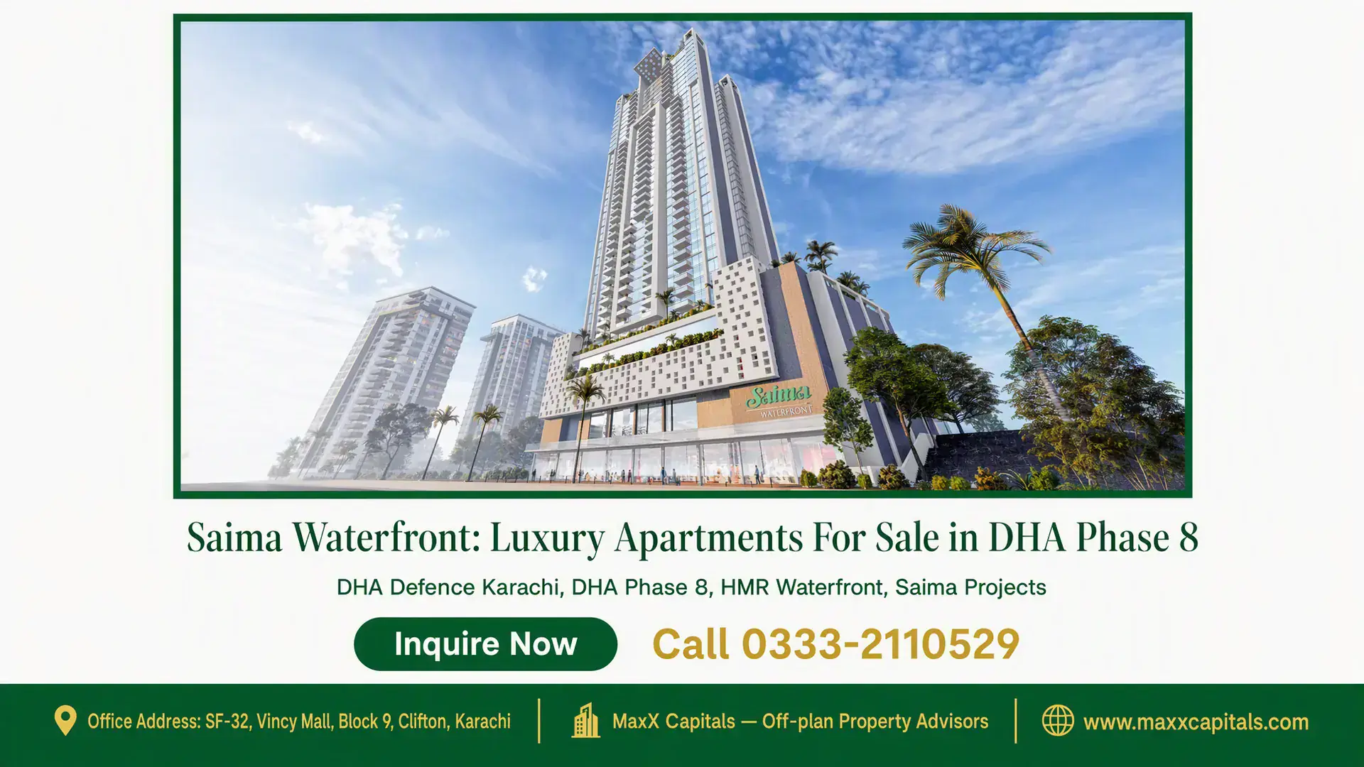Saima Waterfront: Luxury Apartments For Sale in DHA Phase 8 Saima Waterfront high-rise luxury apartment tower in DHA Phase 8 with a landscaped entrance and modern architectural design.