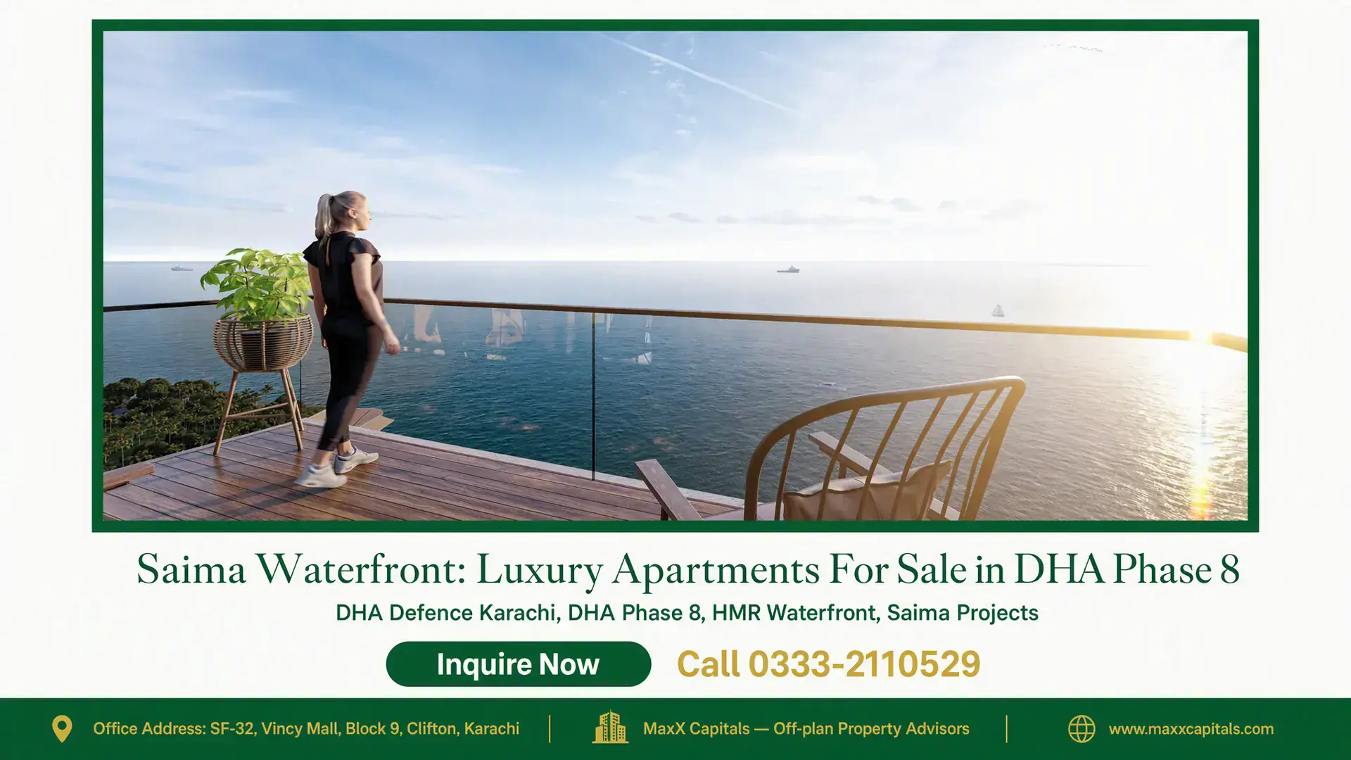 Saima Waterfront: Luxury Apartments For Sale in DHA Phase 8 Glass-fronted terrace of Saima Waterfront apartment overlooking the ocean, with elegant plant decor and a serene horizon view