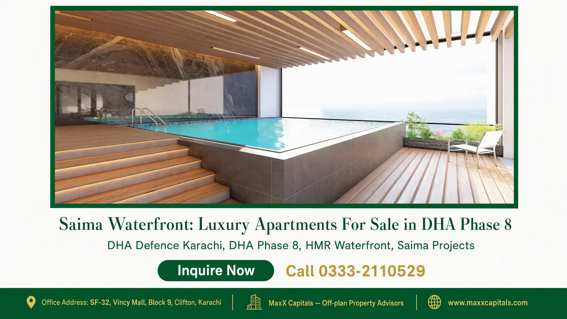 Saima Waterfront: Luxury Apartments For Sale in DHA Phase 8 Rooftop infinity pool with wooden decking, greenery, and panoramic ocean views at Saima Waterfront in DHA Phase 8.
