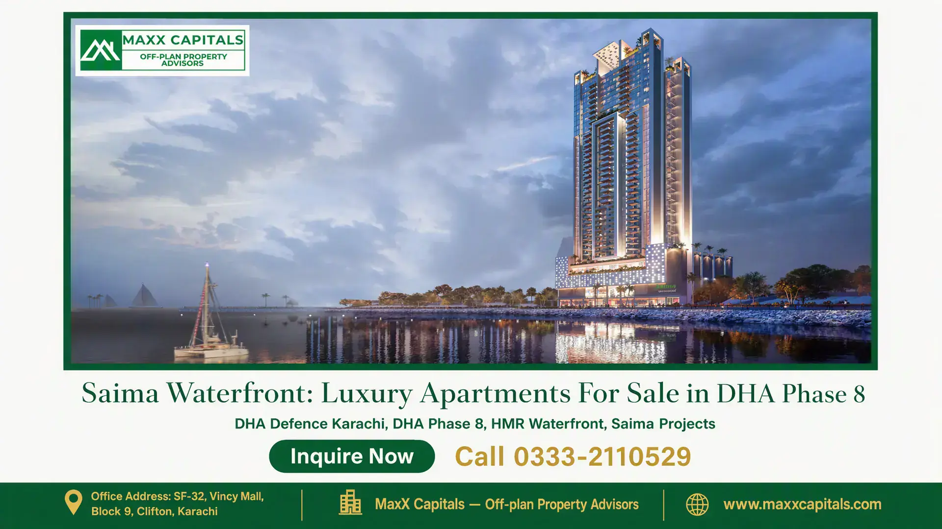 Saima Waterfront: Luxury Apartments For Sale in DHA Phase 8 Luxury high-rise at Saima Waterfront in DHA Phase 8 with waterfront views, modern facade, and surrounding greenery.