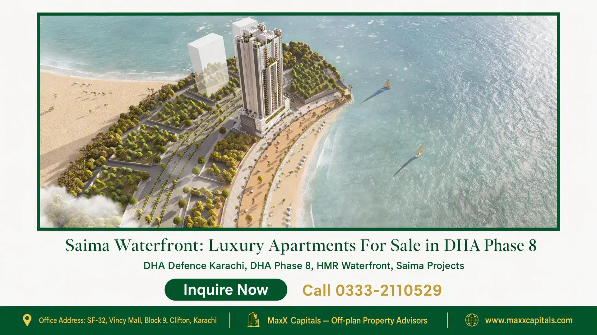 Saima Waterfront: Luxury Apartments For Sale in DHA Phase 8 Aerial view of Saima Waterfront luxury apartments in DHA Phase 8 with coastline, sandy beach, and landscaped greenery.