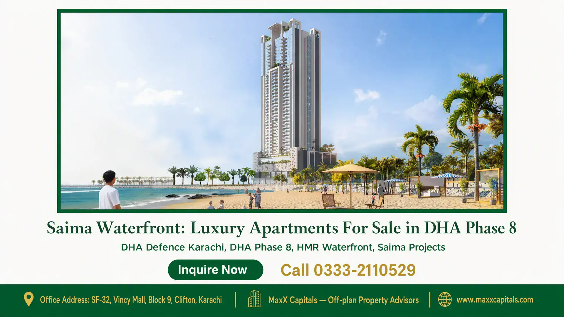 Saima Waterfront: Luxury Apartments For Sale in DHA Phase 8 Luxury beachfront high-rise Saima Waterfront in DHA Phase 8 featuring modern architecture, palm-lined shores and serene ocean