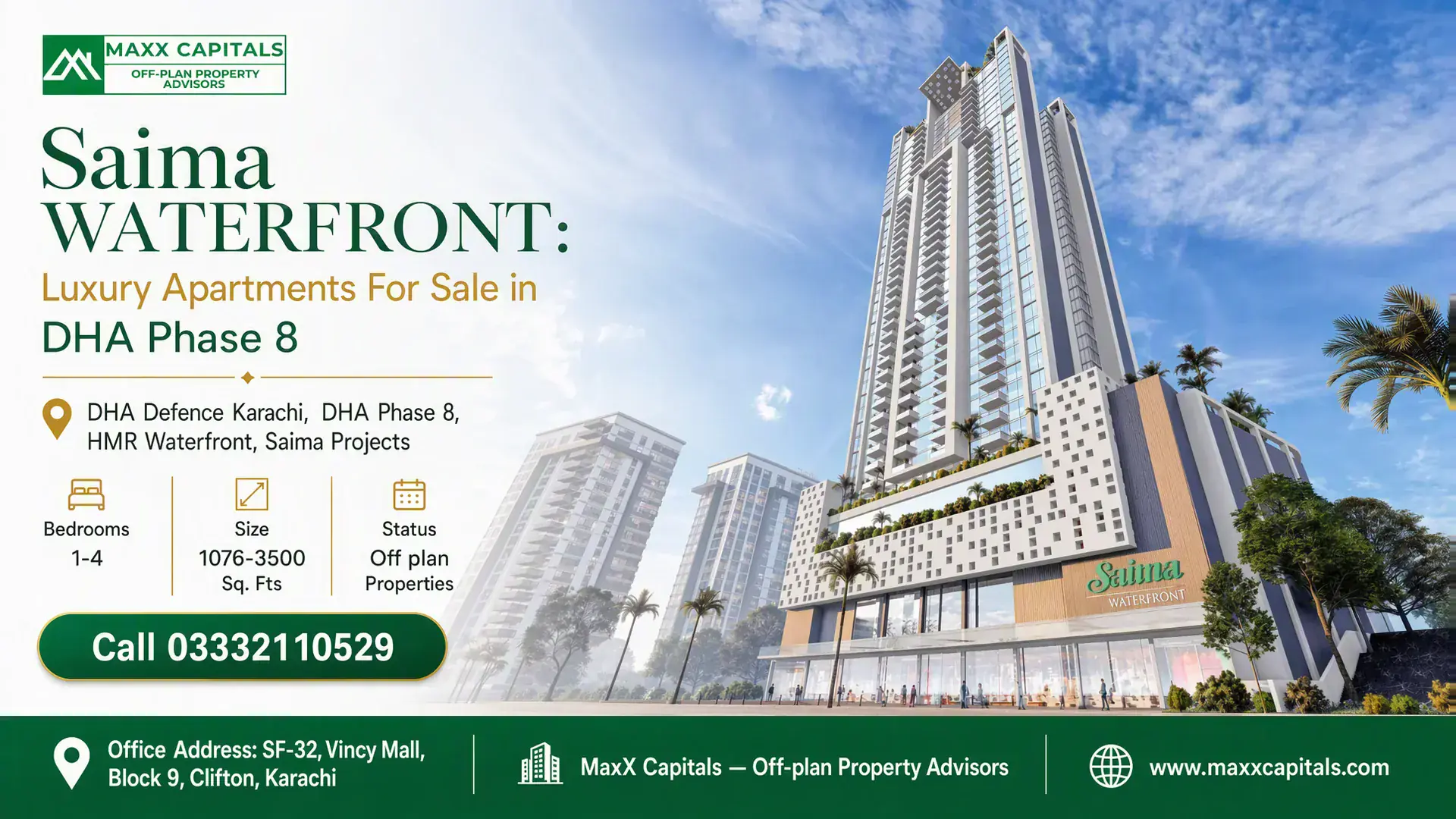 Saima Waterfront: Luxury Apartments For Sale in DHA Phase 8 Saima Waterfront tower featuring modern architecture with multiple balconies, surrounded by palm trees in DHA Phase 8.
