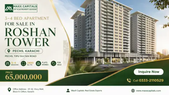 Roshan Tower Apartments For Sale: Twin High-Rise Residential Towers With Balconies And Podium Retail In Pechs, Karachi