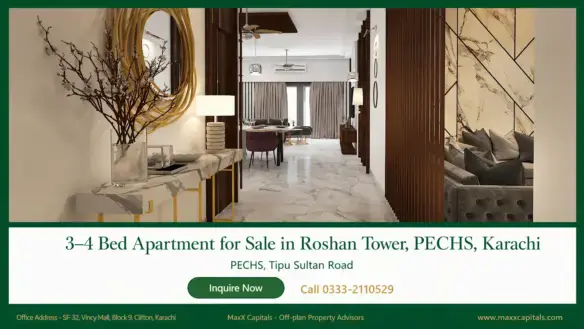 Roshan Tower apartments for sale interior corridor with marble flooring, wood slat walls, and luxury foyer styling