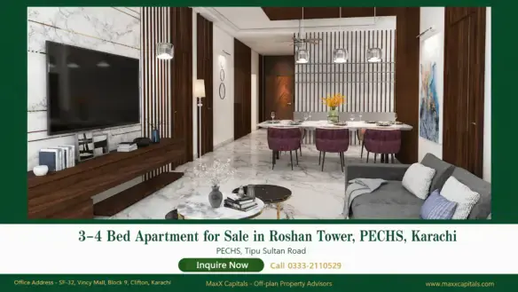 Luxury living room and dining area in Roshan Tower apartments for sale with marble floors and wood accents