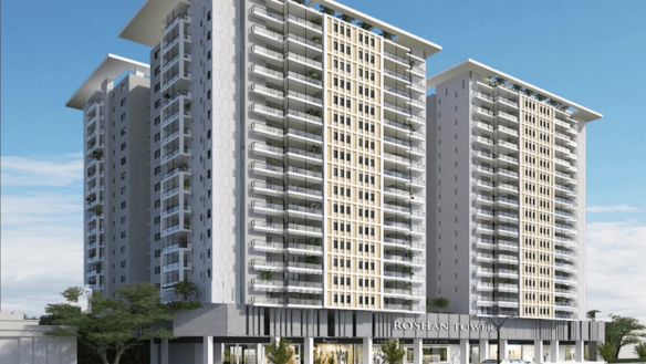 Roshan Tower Luxury Apartments In Pechs Karachi, Twin High-Rise Towers With Balconies, Glass Facades, And Landscaped Entrance
