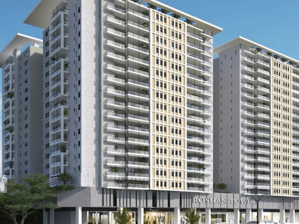 Roshan Tower Luxury Apartments In Pechs Karachi, Twin High-Rise Towers With Balconies, Glass Facades, And Landscaped Entrance