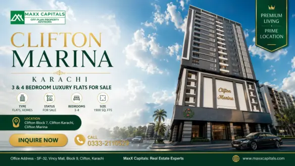 Clifton Marina Karachi High-Rise Luxury Flats With Modern Tower Facade And Landscaped Frontage